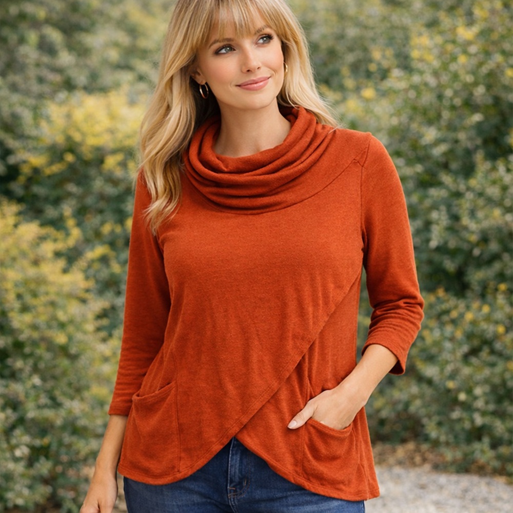 Magnolia Grace XL Rust Orange Cowl Neck Wrap Top Pockets‎